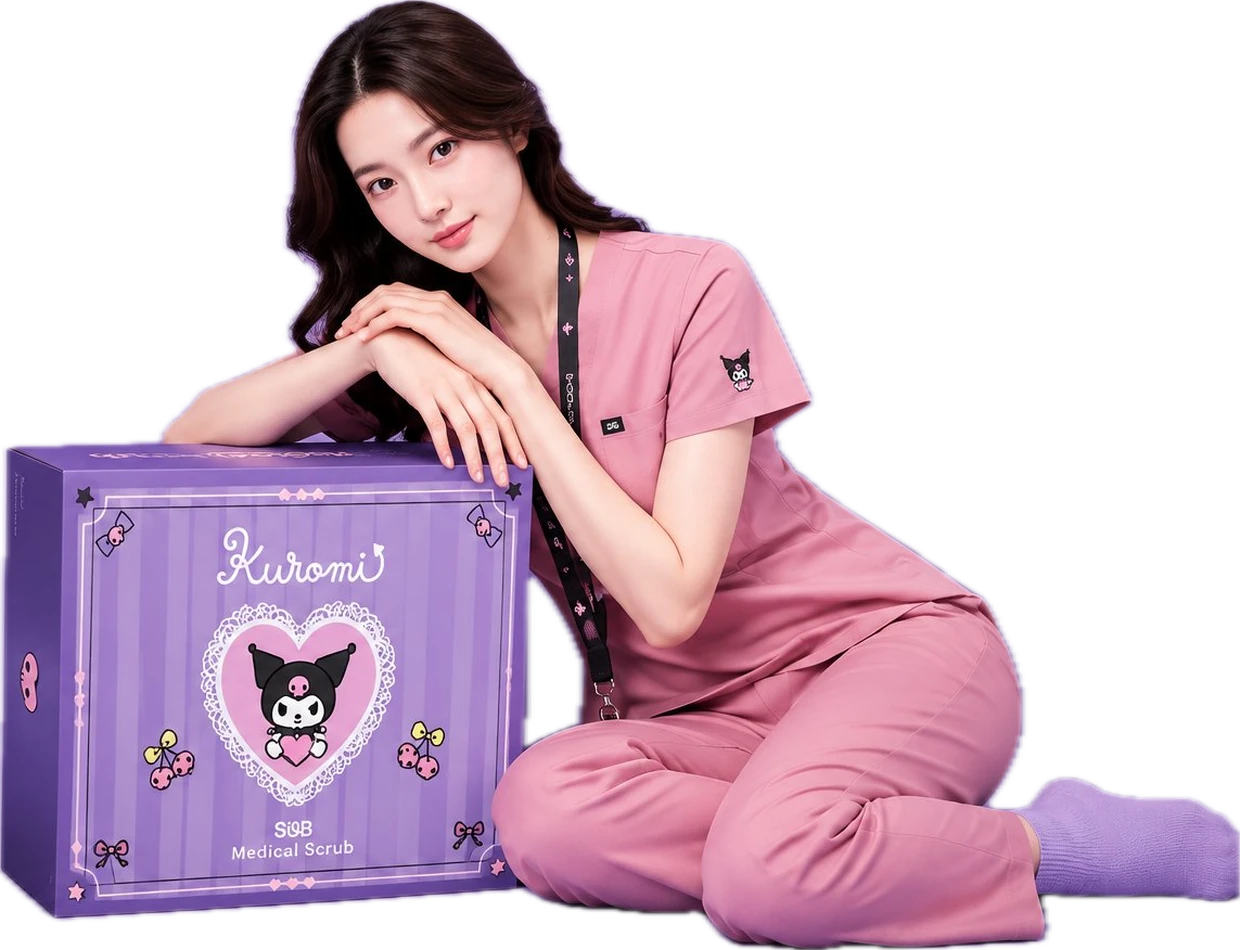 A woman wearing the Kuromi Medical Scrub beside the Kuromi Fortune box set