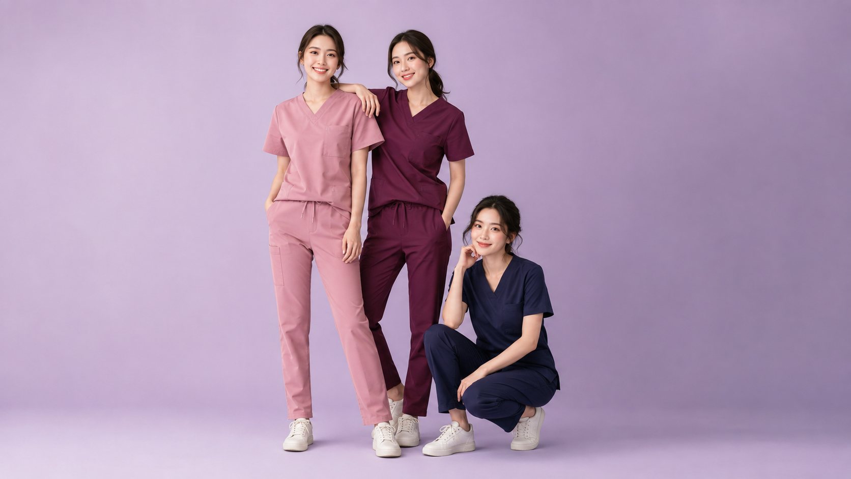 Three women wearing the Kuromi Medical Scrub
