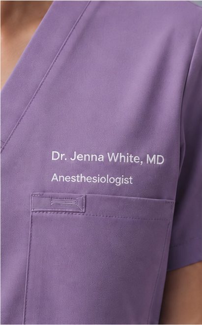 Name and credentials embroidered on a scrub chest